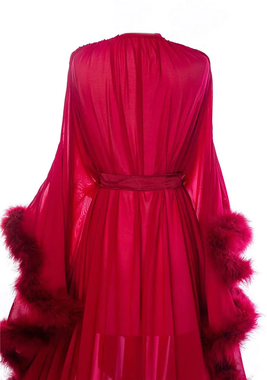 Red 2020 Feather Chiffon Evening Robe V Neck Bridal Robe Wedding Scarf Long Lingerie Robe Nightgown Bathrobe Sleepwear with Bel