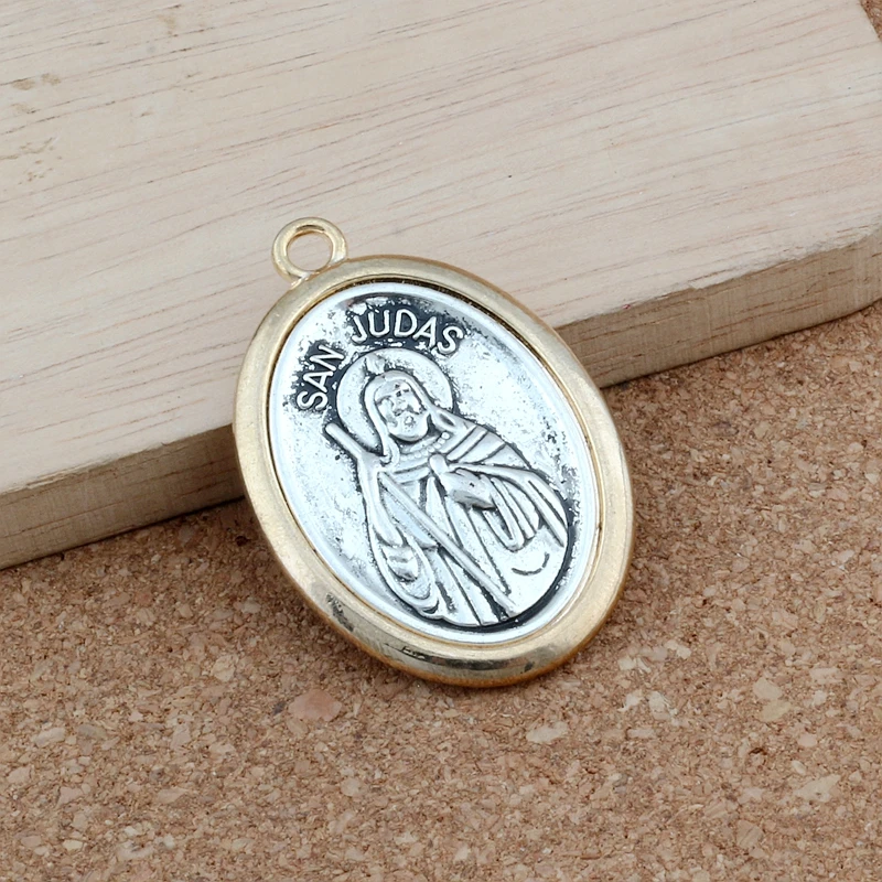2Pcs Two-Tone San Judas Tadeo Charm Pendants For Jewelry Making Necklace DIY Accessories 30x44.8mm A-561
