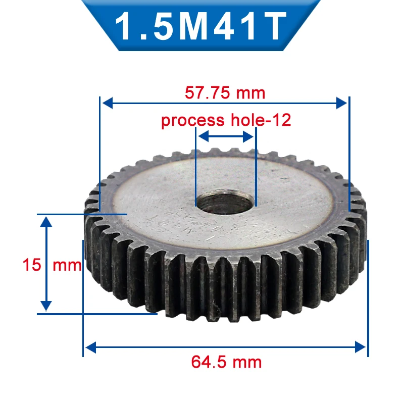 1 Piece 1.5M Spur Gear  40/41/42/43 Teeth 12 mm Process Hole Gear Wheel Low Carbon Steel Material Flat Gear Total Height 15 mm