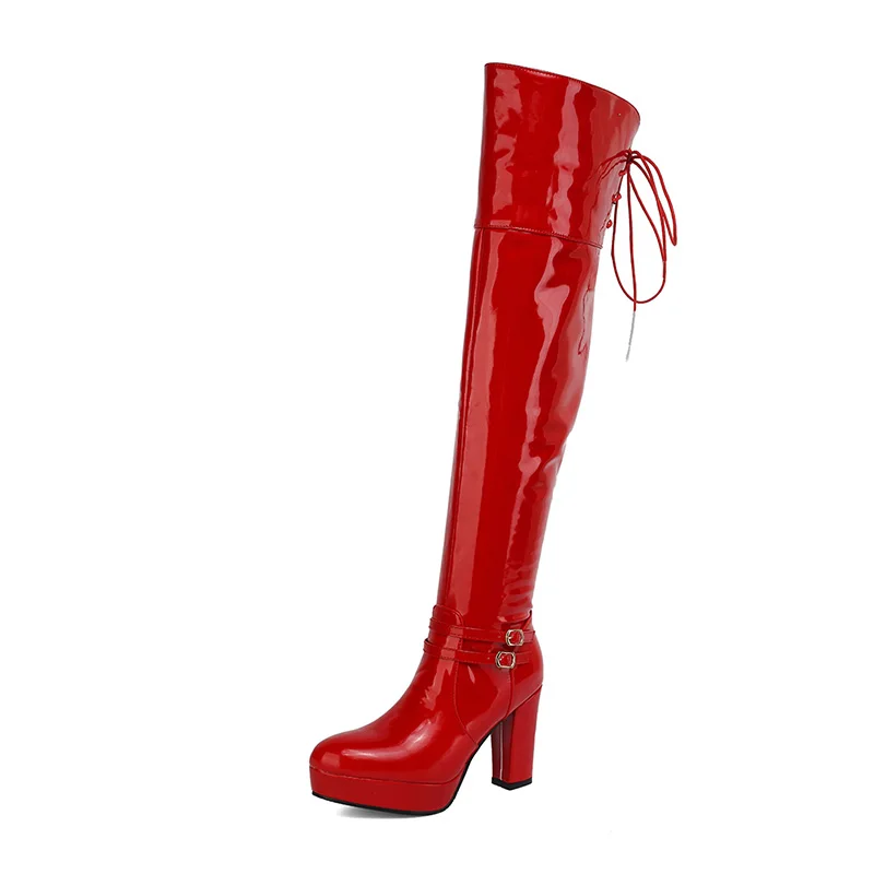 Gdgydh Sexy Nachtclub Hohe Stiefel Frauen Patent Leder Über Das Knie Stiefel High Heels Plattform Seite Zipper Komfort Footwar Winter 3