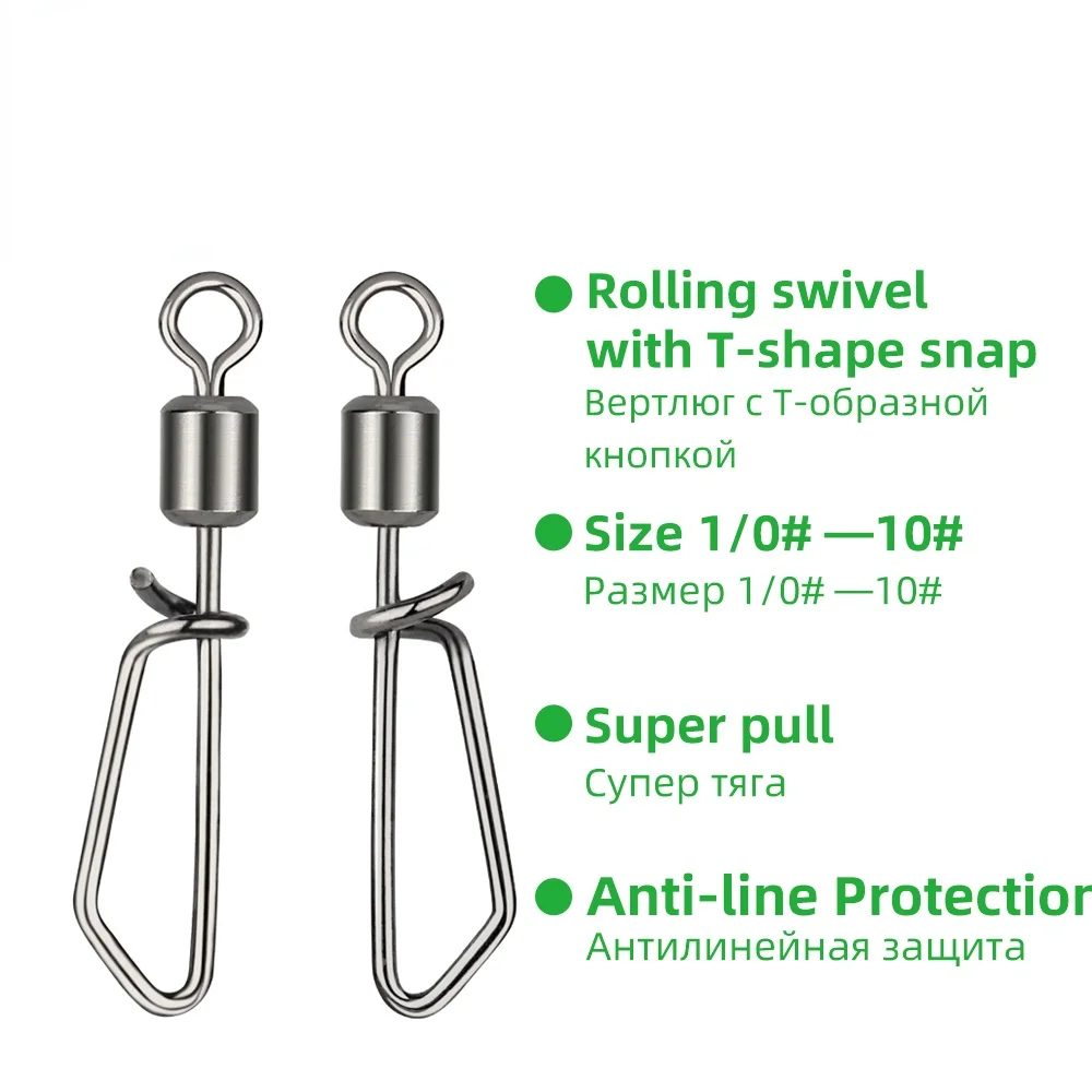 TIANNSII 50pcs Fishing Rolling Swivel withT-shape Snap Stainless steel Ring 1/0#-10# For Fishhook Lure Carp Fishing Accessories