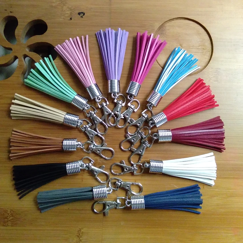 12pcs/lot 12cm Long Leather Tassels Key Chain Silver Lobster Clasp Tassel Shoe Purse Charm 18 Colors Pure Color Tassel Pendant