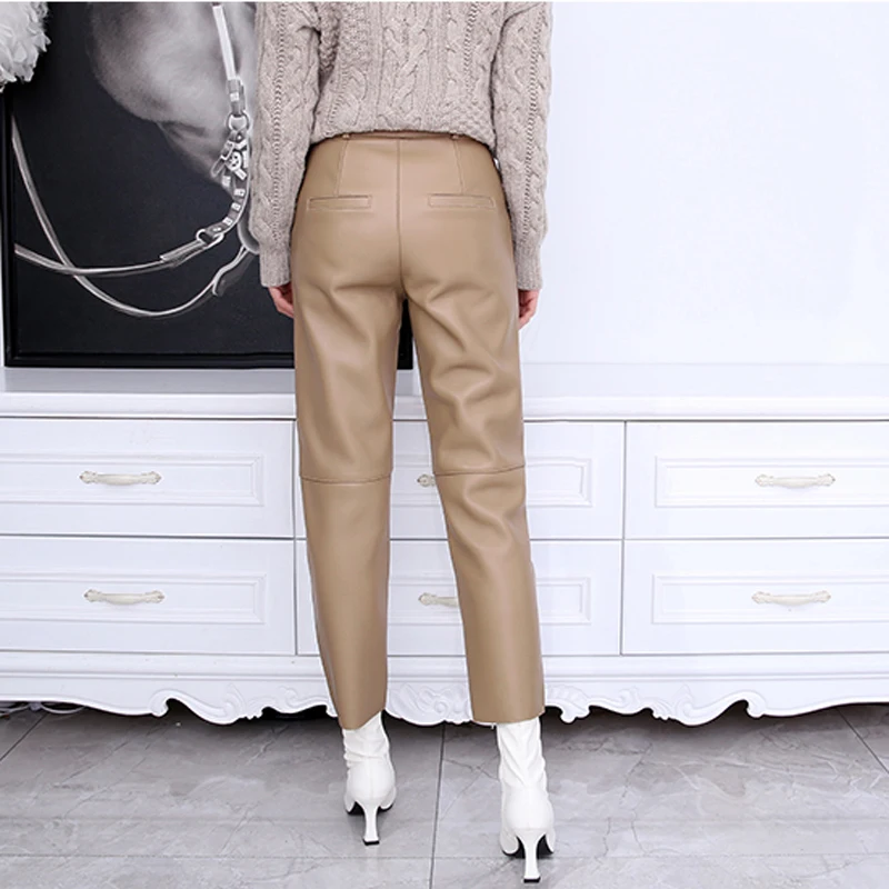 Women Trousers 2023 Femme Genuine Leather High Waist Radish Pants With Belt Mujer Nine-point Beige/Black Slim Pencil Pantalones