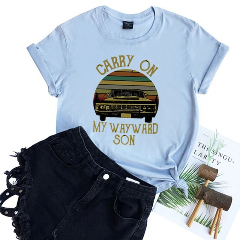 Supernatural Carry on My Wayward Son Printed Tee Shirt Short Sleeve Round Neck Tops