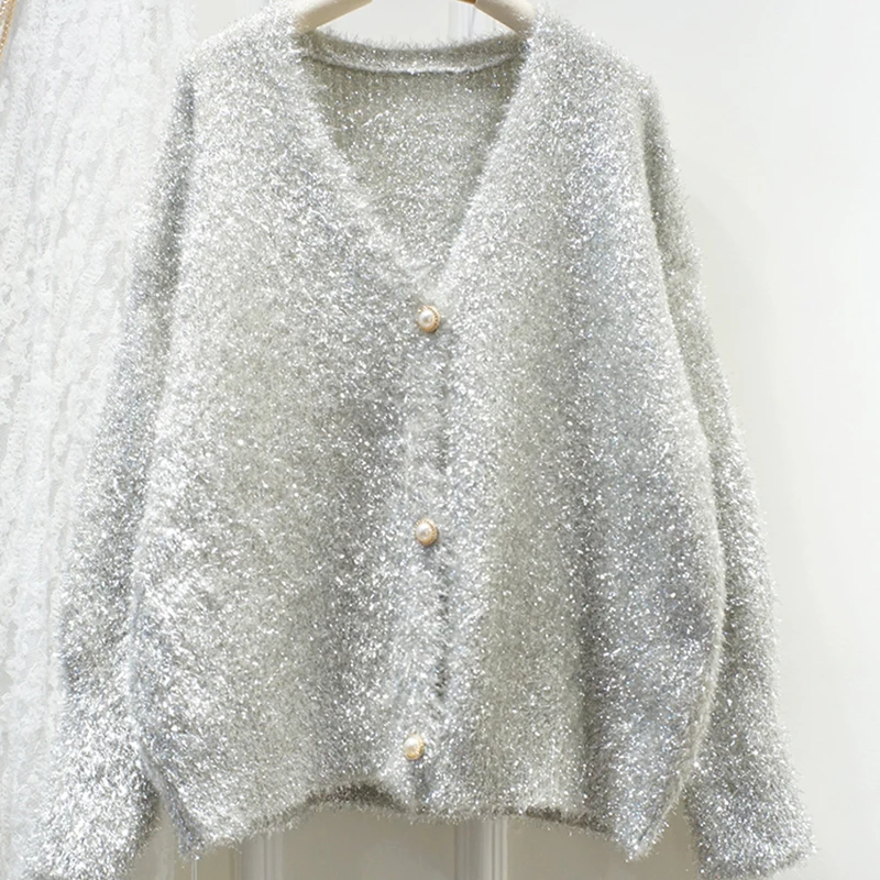 Korean Fashion Knit Sweater V-Neck Shiner Imitated Mink Cashmere Cardigan Pearl Button Design Chic Female Harajuku Sweater Coat