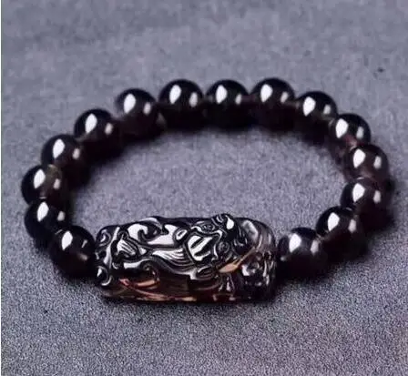 

Natural 10MM Obsidian Crystal Icy Black Beads Bracelet Chinese Dragon Pixiu