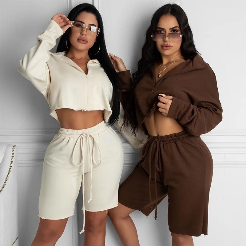2 Pcs Women Solid Color Outfits s Casual Style Long Sleeve Stand Collar Crop Top + Shorts with Drawstring Trouser Clothes