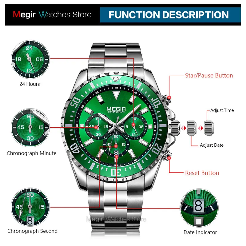 MEGIR Men\'s Chronograph Quartz Watches Stainless Steel Waterproof Lumious Analogue 24-hour Wristwatch for Man Green Dial 2064G-9