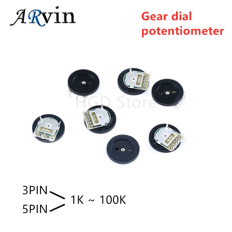 10pcs Double Gear Tuning Potentiometer B102 B103 B202 B203 B503 B1K B10K B20K B50K 100K 3Pin/5Pin 16*2mm Gear Dial Potentiometer