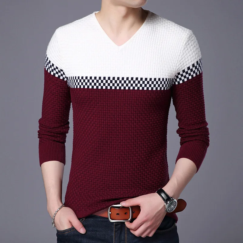 2023 Herbst Winter warme Woll pullover lässig Hit Farbe Patchwork V-Ausschnitt Pullover Männer Marke Slim Fit Baumwoll pullover