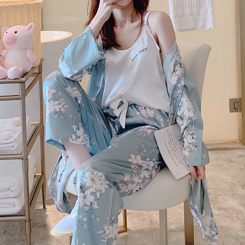 Three-piece nightgown female autumn Korean silky sexy long-sleeve sleepwear printed trousers home wear elegant bathrobe pijamas