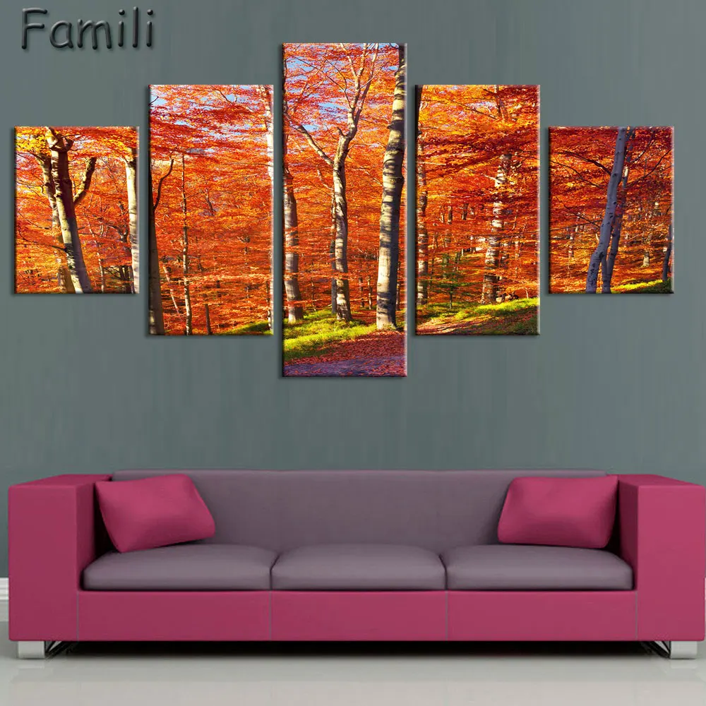 

5 piece canvas art Landscape Maple Tree Canvas Painting Modern Autumn Gold Leaves Hotel Wall Pictures Decor