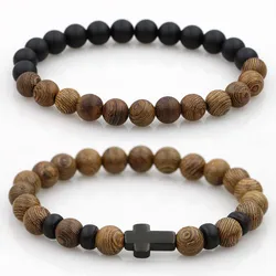 8mm Natural Wood Beads Bracelets Men Black Stone Ethinc Meditation Bracelet Women Stainless Steel Prayer Jewelry Yoga Bracelet