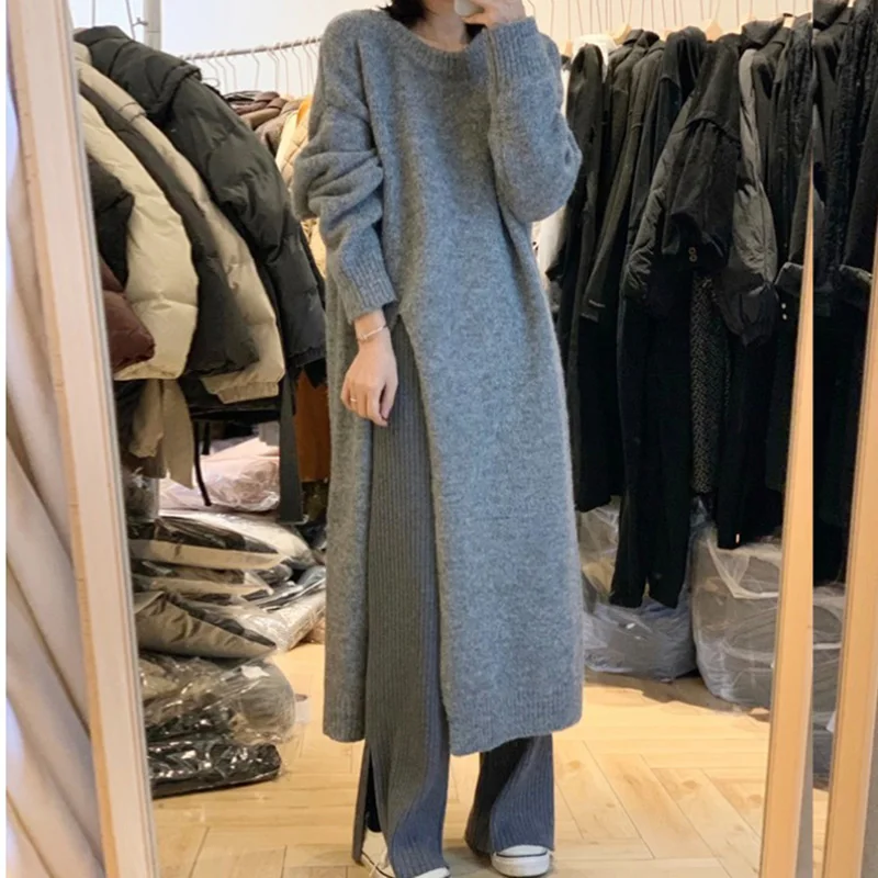 Fashion Knitted Sweater Women 2022 New Loose Side Split Long Solid Pullover Autumn Winter Office Elegant Jumper Sweaters Dress