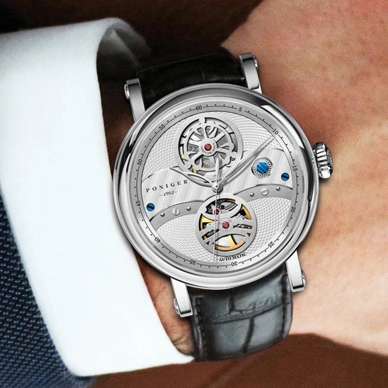PONIGER الفاخرة حزام من الجلد الطبيعي الرجال ساعة اليد الهيكل العظمي التلقائي ساعة ميكانيكية الياقوت الزجاج مقاوم للماء 50 متر ساعة رجالية