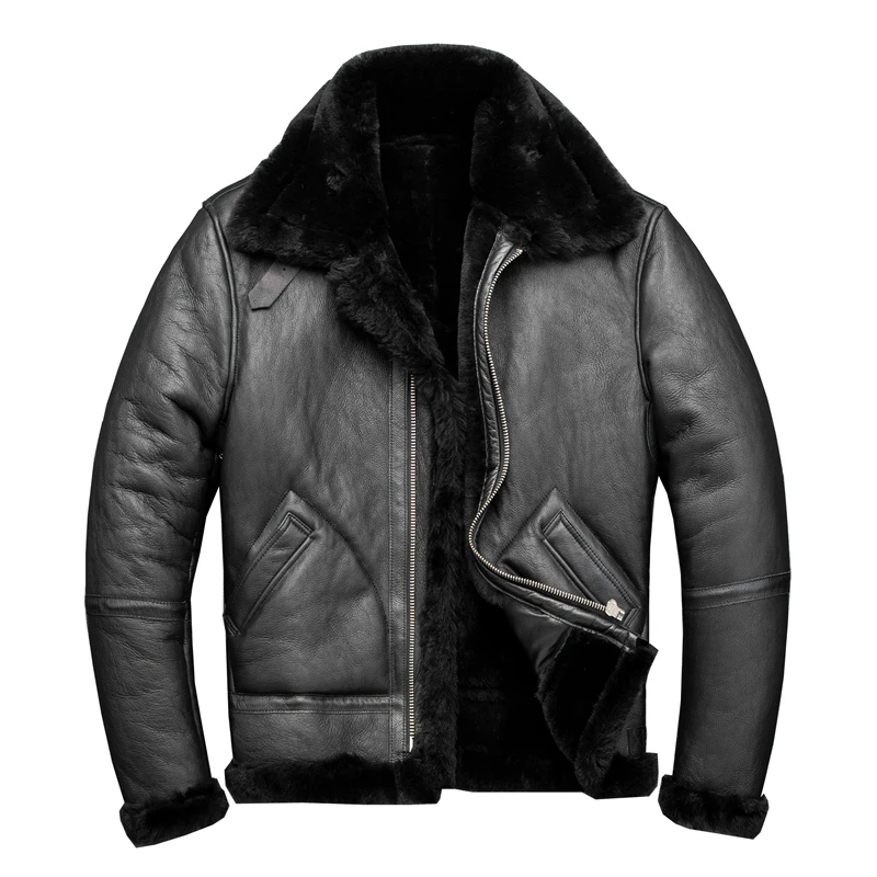 2020 Zwarte Mannen Amerikaanse Stijl Winter B3 Bomber Shearling Jas Real Dikke Schapenvacht Militaire Piloot Leren Jas Gratis Verzending