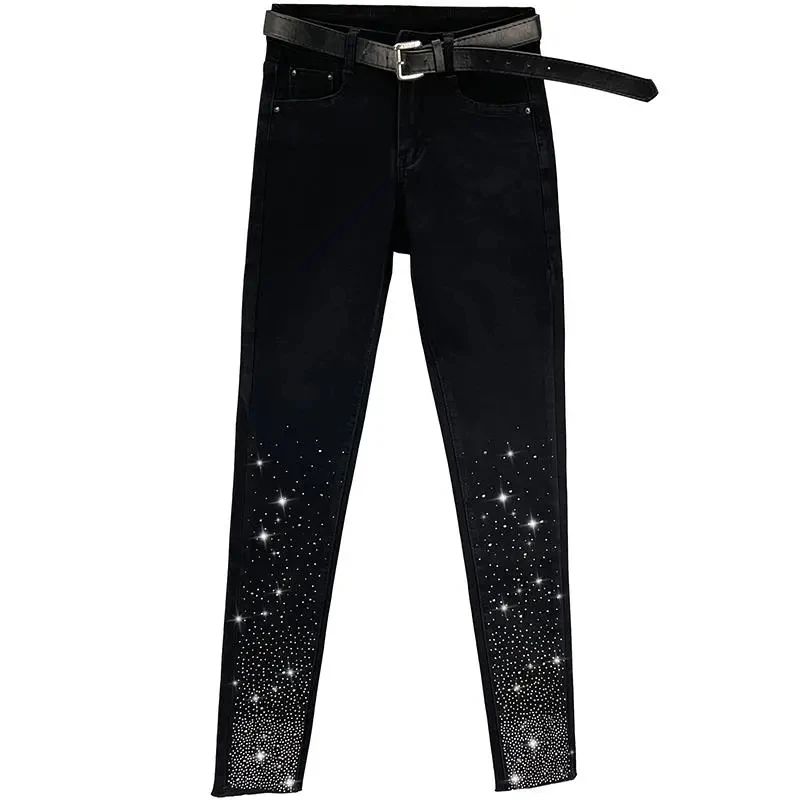 Black Jeans For Women Trendy 2024 Autumn Winter New High Waist Slimming Rhinestone Pencil Pants Street Stretch Skinny Trousers