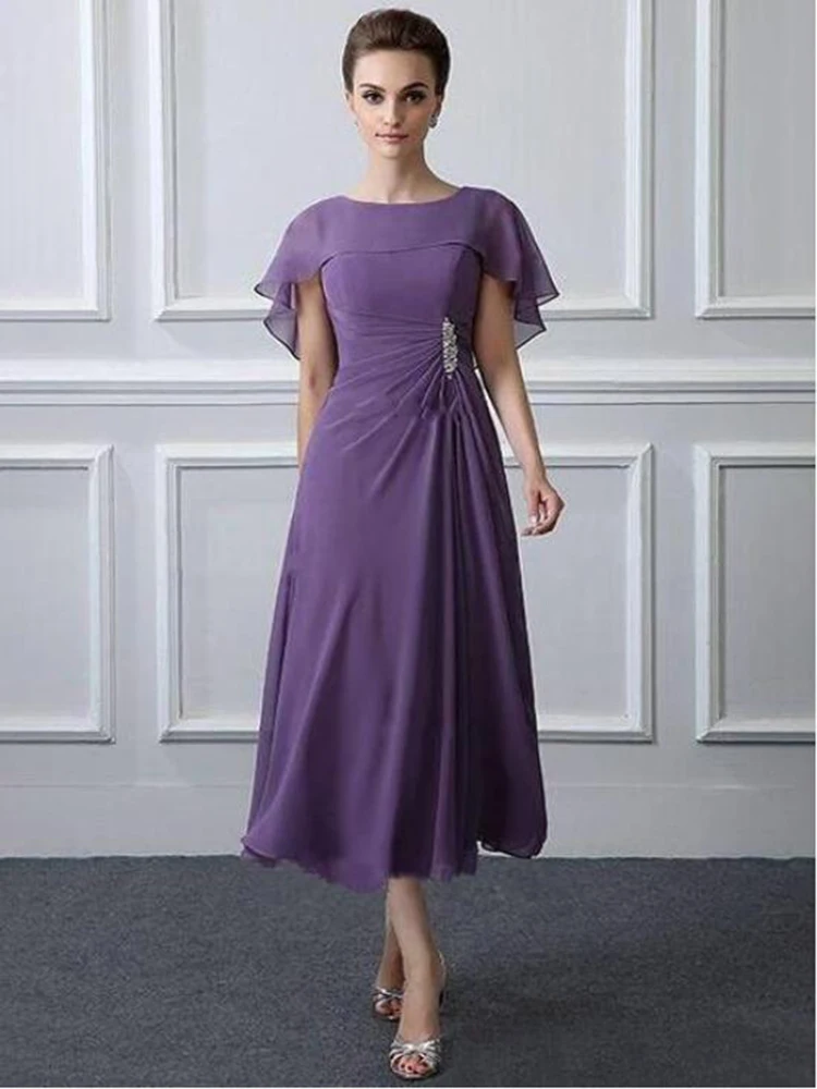 

Purple Tea Length Chiffon Mother of the Bride Dresses Jewel Neckline Wedding of Groom Gowns vestido fiesta boda invitada