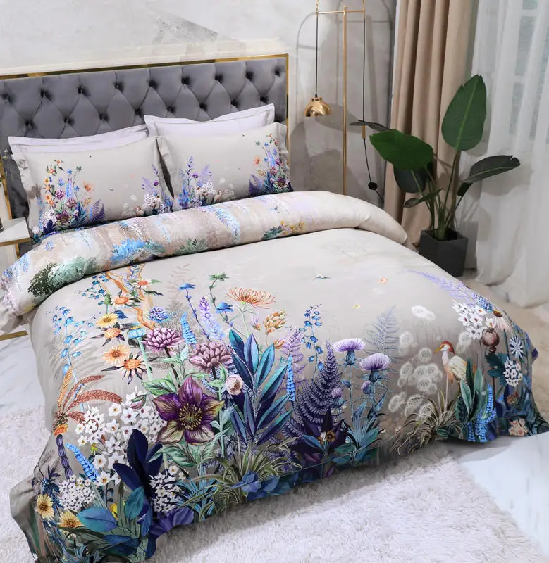 Chinese Style Egyptian Cotton Bedding Set King Queen Size Peacock Lotus Printing Duvet Cover Bed Sheet Pillowcase Home Textiles