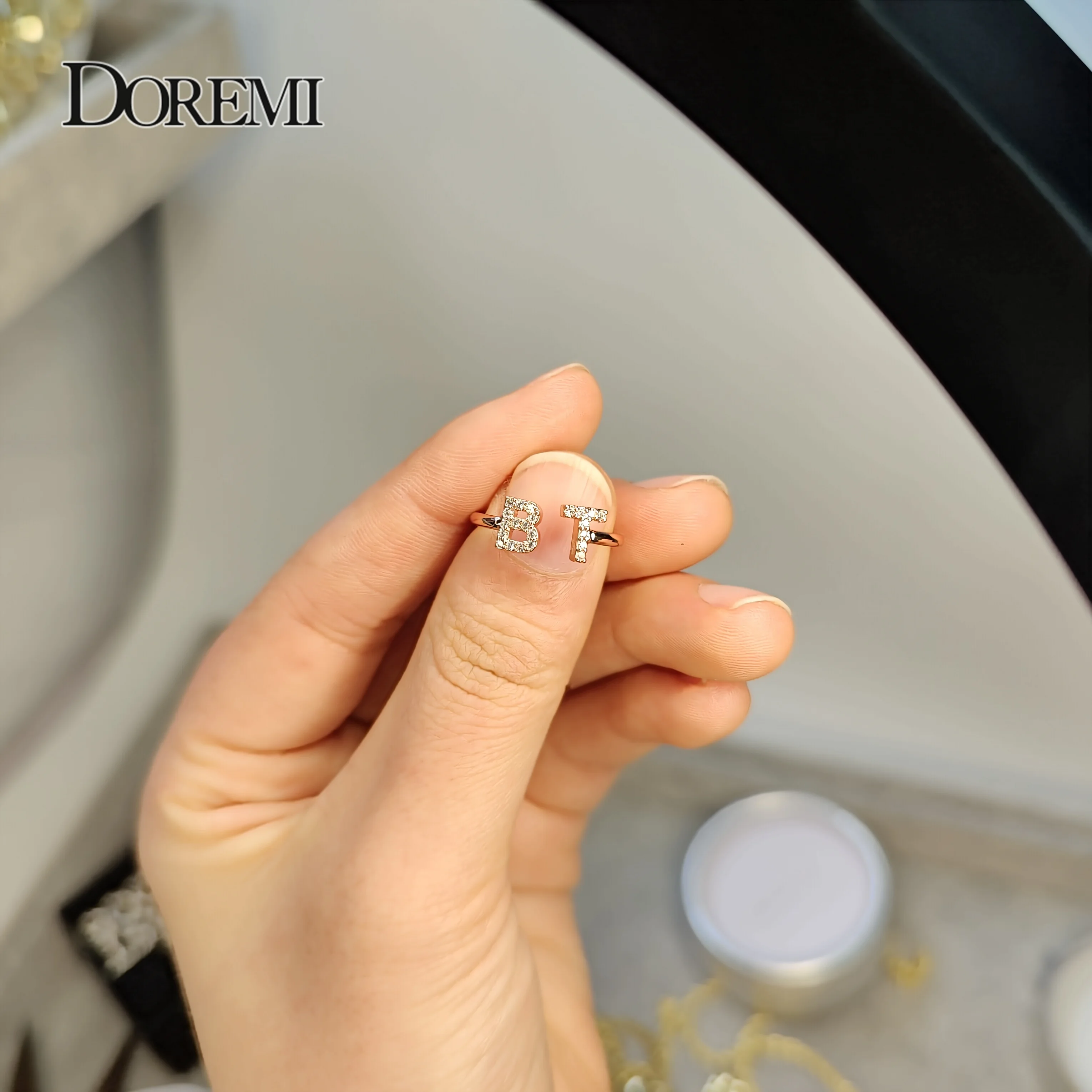 DOREMI 6mm Letter Zircon Stone Custom Initial Ring Women Rose Gold Fashion Jewelry Rings