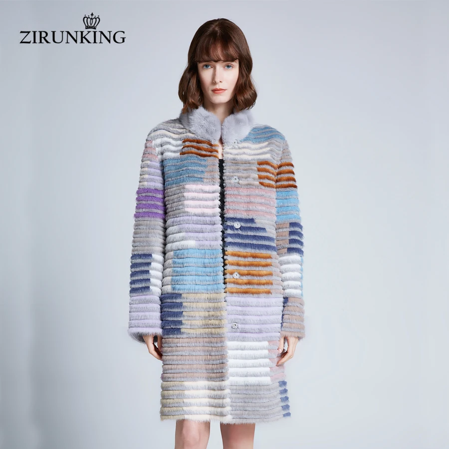 

ZIRUNKING Women Real Mink Fur Coat stripe sewed Lady colorful Luxury Long Clothing Stand Collar For Autumn Outerwear ZC1906