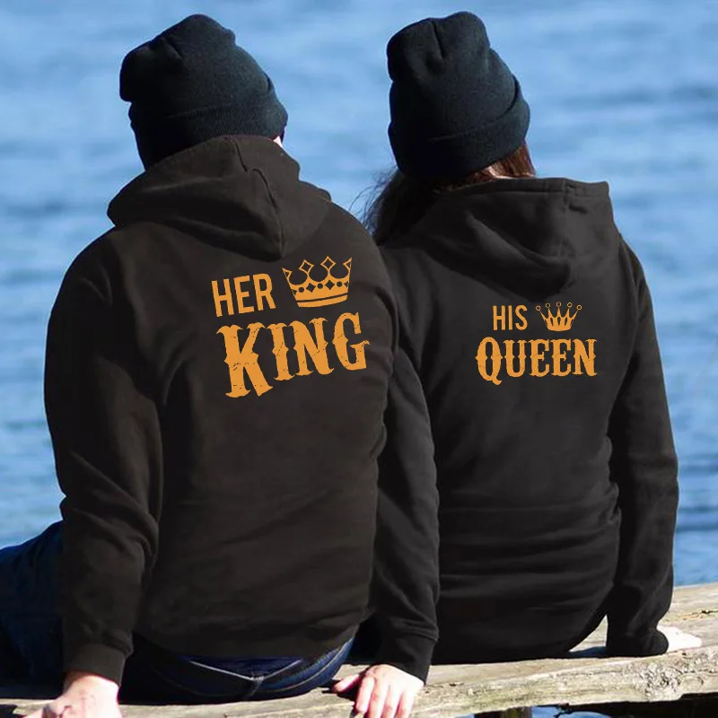 Women Men Lovers Sweatshirt Couple Hoodies Chritsmas Costumes Lovers Couples HIS QUEEN HER KING