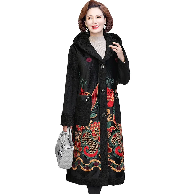 2021 Autumn winter women\'s Embroidery flowers plush velvet Thick Long Jacket Overcoat Female retro hooded Warm Trench Coats