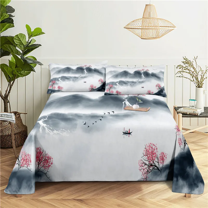 Chinese Brush Painting 0.9/1.2/1.5/1.8/2.0m Digital Printing Polyester Bed Flat Sheet With Pillowcase Print Bedding Set