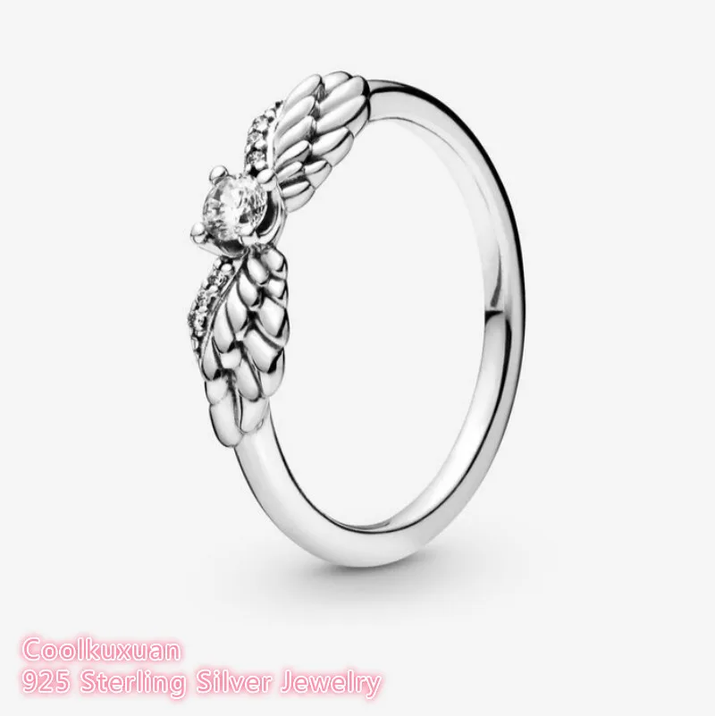 

100% 925 Sterling Silver Silver Sparkling Angel Wings Ring For Women Wedding Gift Original Jewelry Accessories