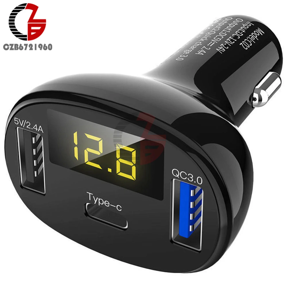 Type-C USB C QC3.0 QC2.0 Fast Quick Car Charger Voltmeter Battery Capacity Indicator 5V 12V 24V 2.4A 32W Voltage Meter for Phone