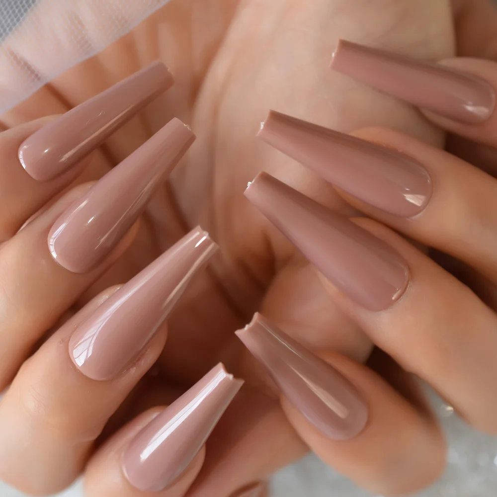 Nude Brown Super ยาวเล็บปลอม Coffin Glossy กด Ballerina อะคริลิคเล็บปลอม Party คอสเพลย์พรหมสำหรับผู้หญิงหญิงสาว