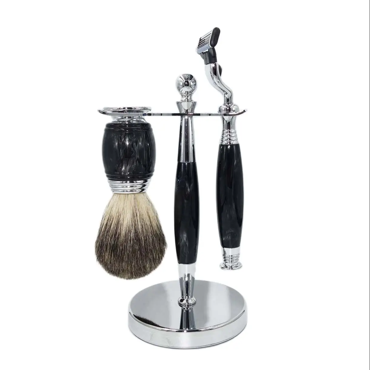 Mens Classic Wet Shaving Kit Pure Badger Hair Knot Safety Razor with Black Resin Acrylic Handle Holders