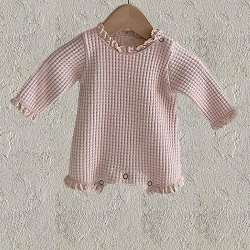 Korean Style Baby Girl Long Sleeve Bodysuits+Hat Waffle Lace Stitching Infant Baby Girls Jumpsuit Spring Autumn Baby Clothes