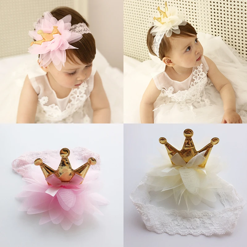 New Creative Pink And Beige Crown Flowers Hairbands Elastic Hair Band Kids Hair Accessories Girls Headwear Children Headbands