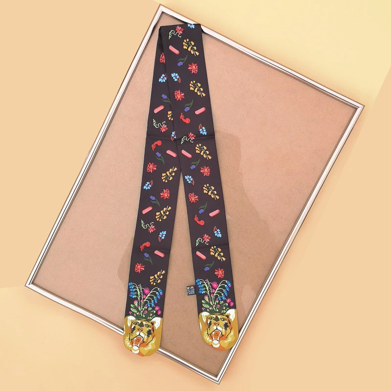 Small Silk Scarf For Women  New Print Animal Cat Handle Bag Ribbons Brand Fashion Head Scarf Small Long Skinny Scarves Wholesale