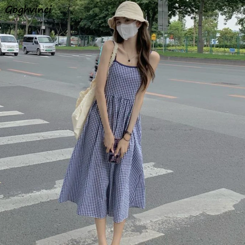 

Sleeveless Dress Women Classic Plaid Loose Waist Mid-calf Backless Spaghetti Strap Dresses Kawaii Girls Summer Fashion Ins Retro