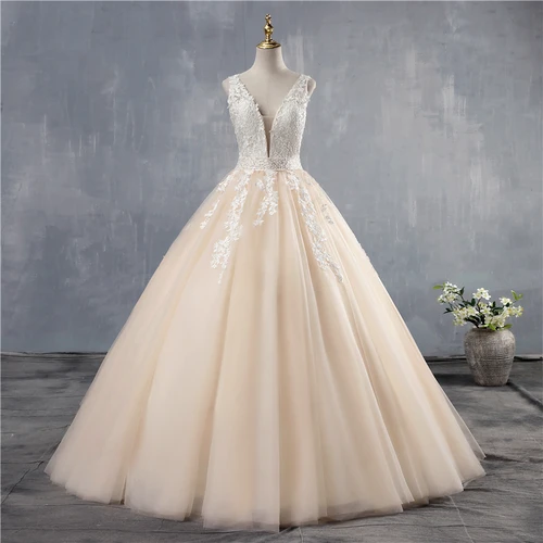 Imagen 2 del producto ZJ9149 personalizado 2025 blanco marfil rosa champán vestido de novia hecho a medida de talla grande nupcial cuello en V profundo espalda abierta