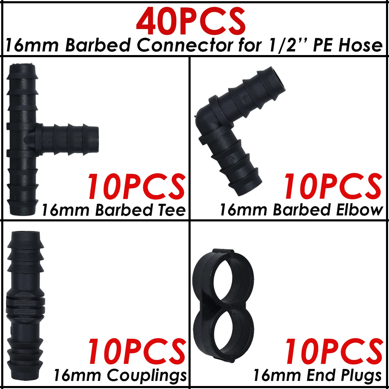 KESLA-Accesorios de púas para riego por goteo, conectores en T, codo, tapa de acoplamiento, Kit de extremo de tubo de 1/2 pulgadas, manguera de jardín, 16mm