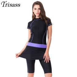 Trisass 2021 New Two Piece Skirt Swimsuit For Women Sports Surf Suit Tankini Long Pants Bathing suit With Zipper Sleeve Swimwear