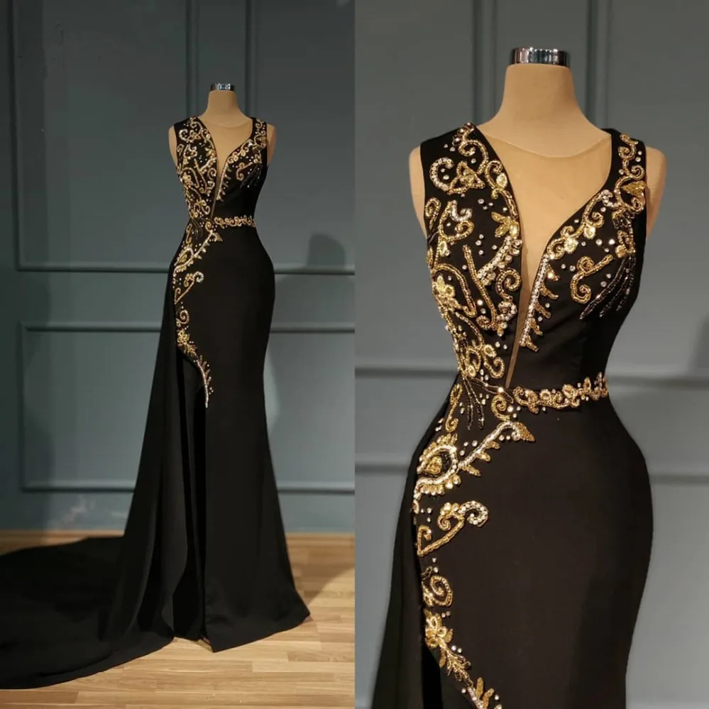 High-grade Black Mermaid Evening Dresses With Delicate Gold Floral Beads Elegant Long Women Formal Dresses To New Year Party