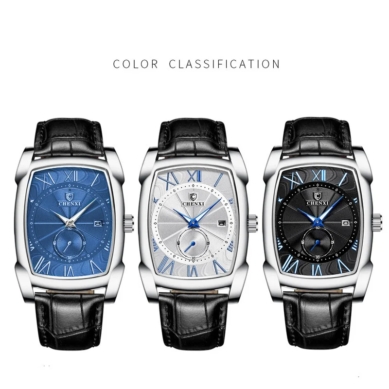 Luxury Retro Men Square Watches CHENXI Silver Waterproof Genuine Leather Men Watches Roman Numerals Stop Watch Calendar Unique