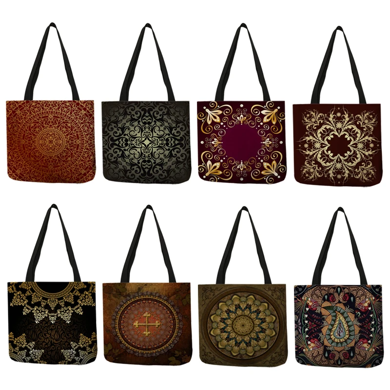 Dark Brown Color Casual Grocery Cloth Bag Exquisite Floral Pattern Printed Shoulder Bags Multi Function Storage Decor Handbag