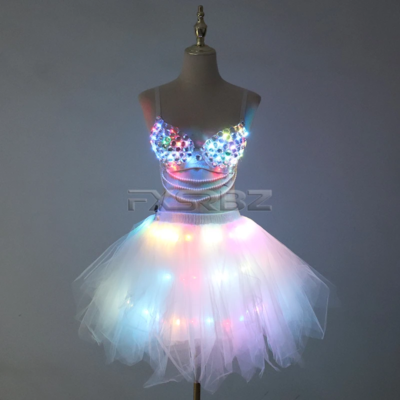 New LED Bra Tutu Skirt Colorful Flash Diamond Bra Belly Dance LED Skirt Christmas Dance Party Sexy Girl Light Up Costume