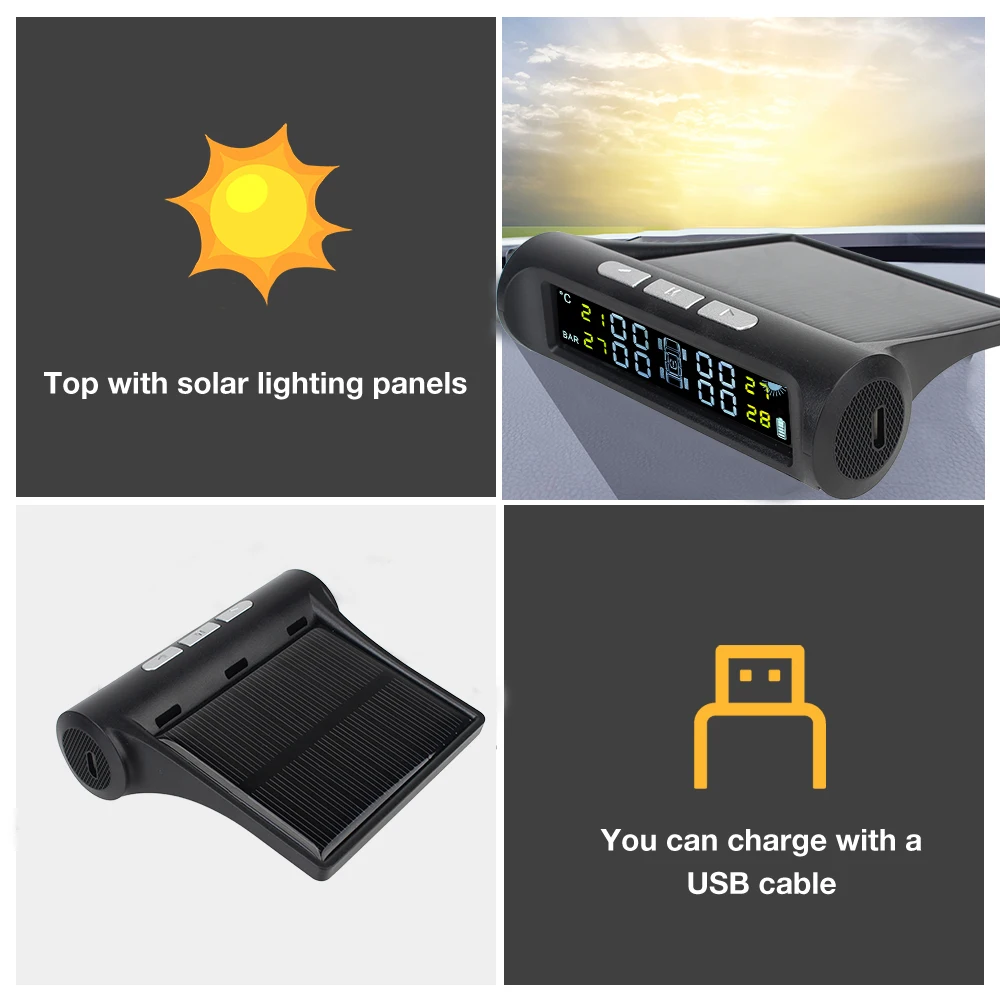 Solar TPMS Sensors Car Tire Pressure Monitoring System Digital LCD USB Wireless Off Road 4x4 Automobile Accessories Universal