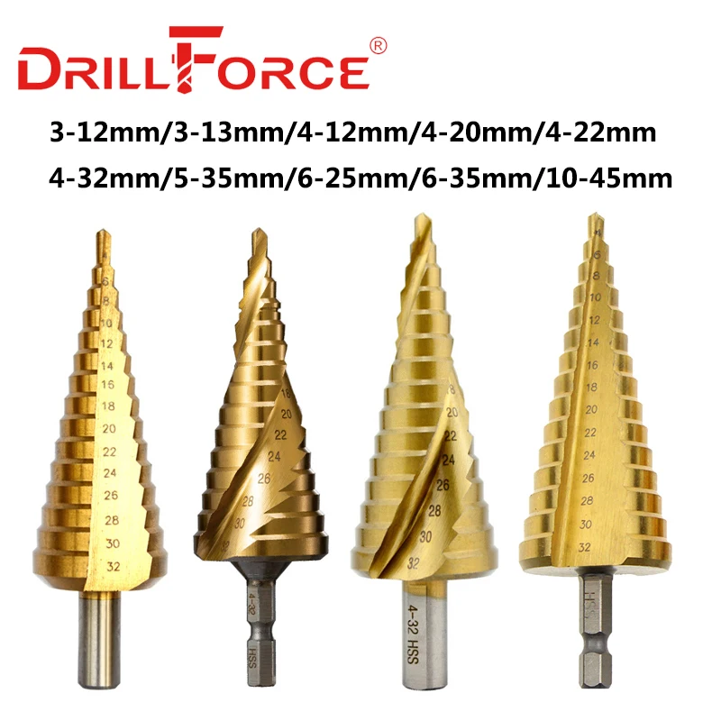 

Drillforce Titanium Step Drill Bits HSS Spiral Straight Grooved Triangle Hex Quick Change Shank Metal Woodworking Hole Cutter