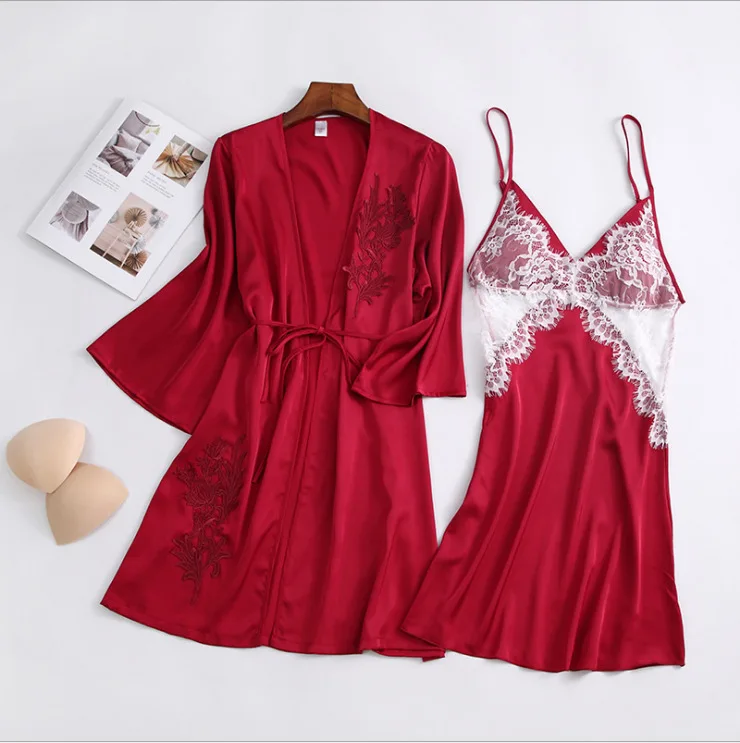 

Red Hollow Out Lace Floral Women Robe Sets 2PCS Bride Dressing Kimono Gown Sexy Strap Top Nightdress Bathrobe Sleepwear With Bra