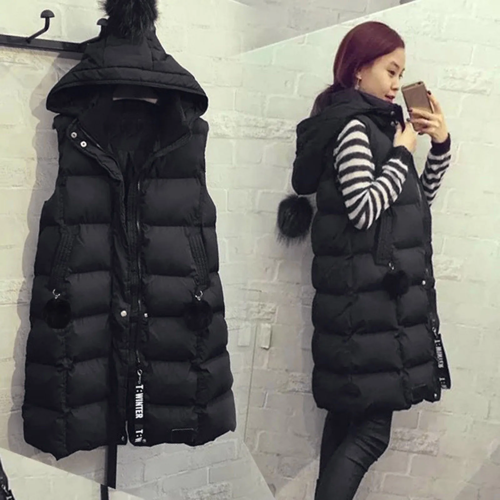 

Autumn Winter Women Long Parkas Vest Warm Black Zipper Hooded Down Coat Parka Ladies Sleeveless Waistcoat Jacket Outwear S-4XL