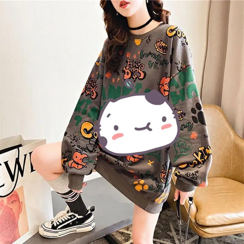 Fashion Autumn Pulovers Casual Aesthetic Loose Long Sleeve Women\'s T-shirts Graphic Korean Clothes Tops Midi Extra Large Hoodie