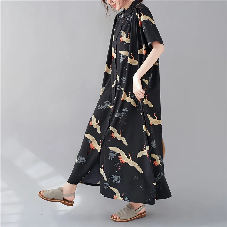 Johnature 2024 New Casual Print Single-breasted Stand Collar Loose Dresses Summer Korean Short Sleeve Women Dress