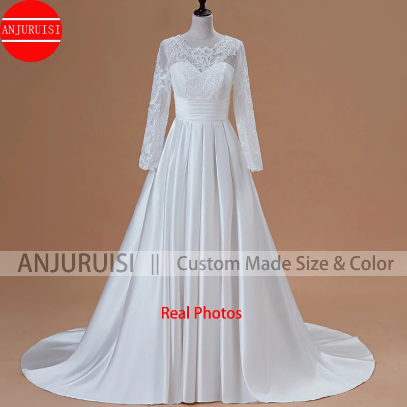 Vestidos De Novia Long Sleeves Wedding Dress 2020 Scoop Satin Lace Appliques A-Line Bridal Gown With Pockets Robe Mariage Boda